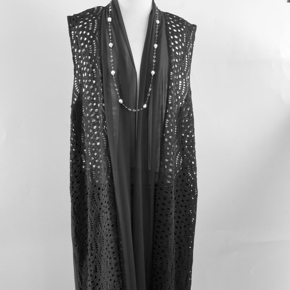 NEW Black Needle Lace DUSTER, VEST with Chiffon Back, US XL, 46